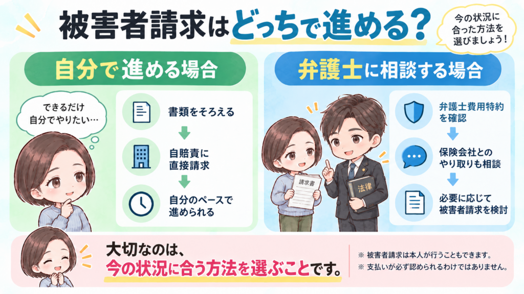 交通事故の被害者請求を自分で進める場合と、弁護士費用特約を確認して弁護士へ相談する場合の違いを比較した図