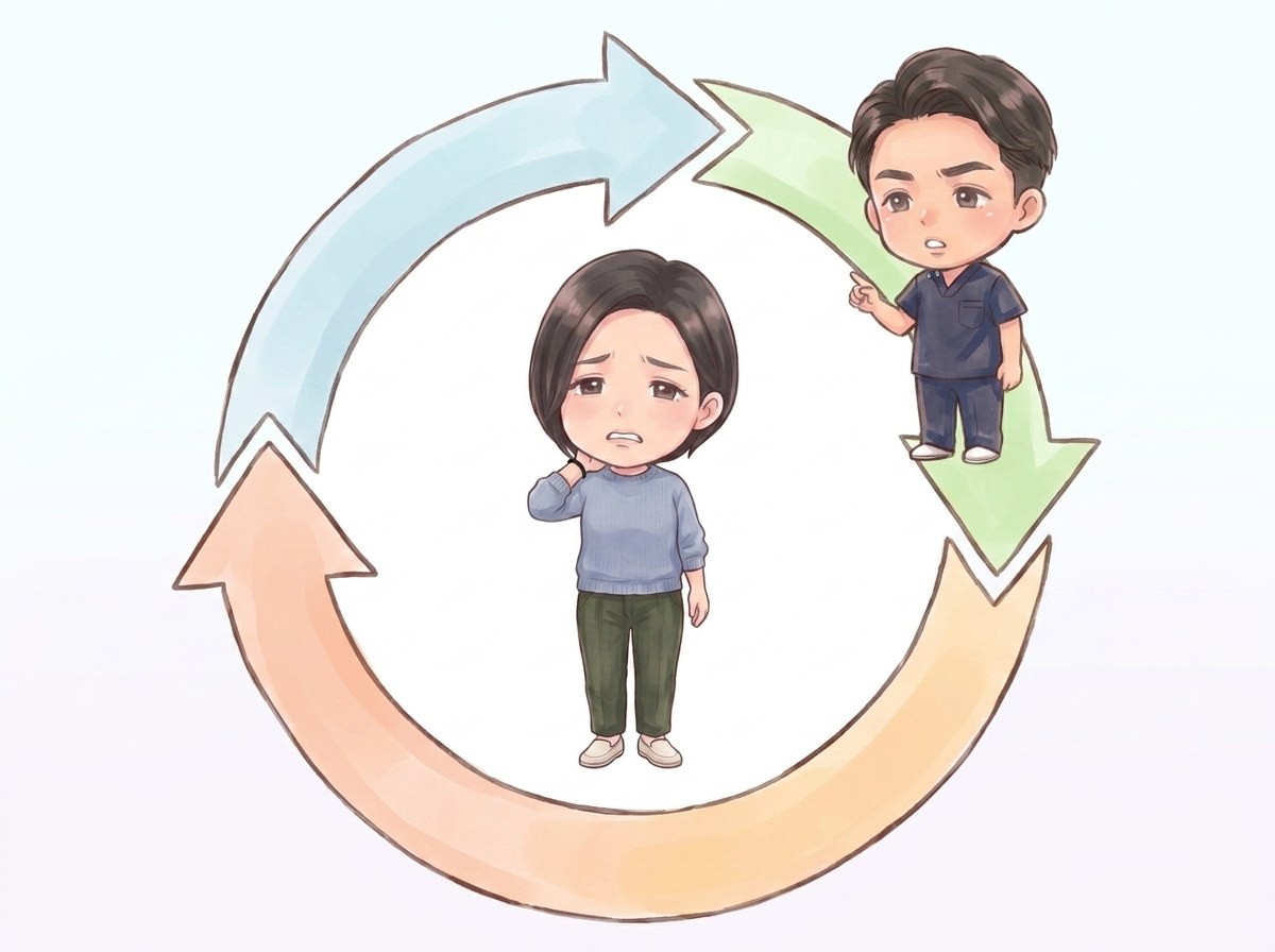 痛み→かばう→こわばる→また痛む、の悪循環