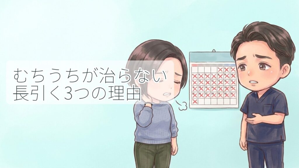 交通事故後のむちうちが長引き、首の痛みに悩む女性とスタッフ、通院が続く様子を表したカレンダーのイラスト