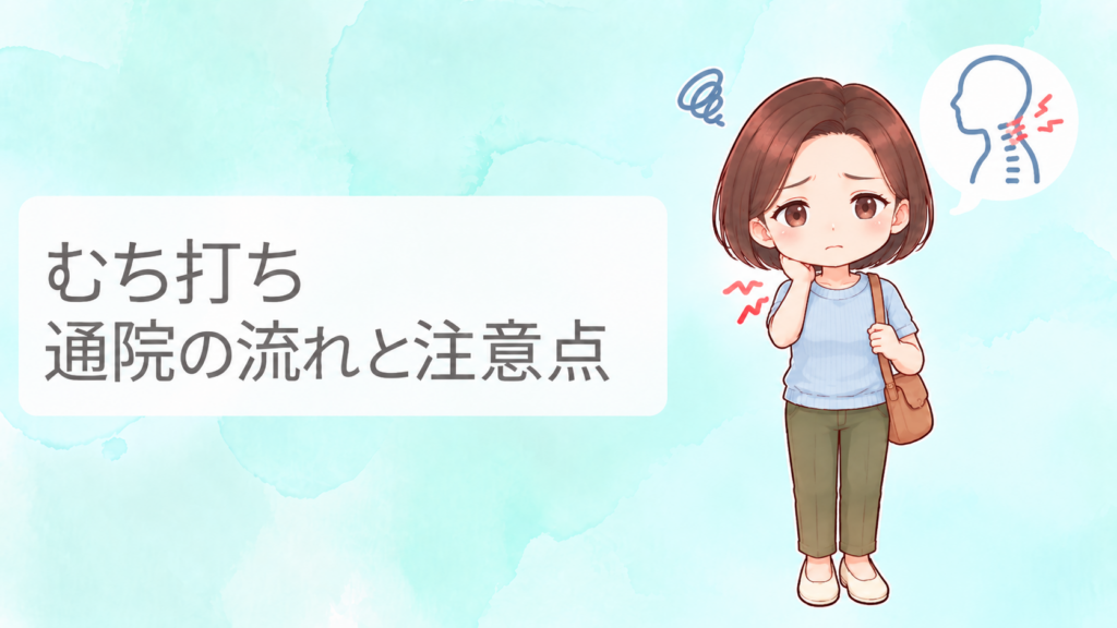 交通事故後のむち打ちで首を押さえる女性と、首の痛みを示すイラスト