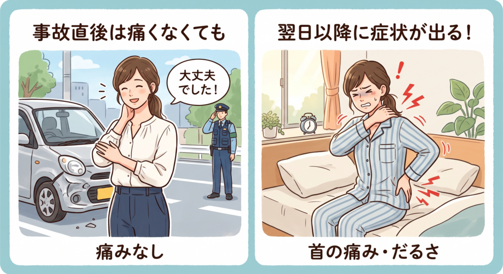 事故直後は痛みがなくても、翌日以降に首の痛みやだるさに気づく場合があることを示す比較図