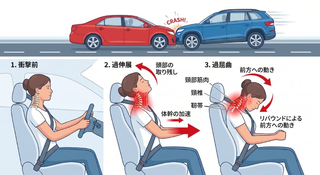 追突時に身体と頭が前後に動き、首に急な力が加わる様子を示した模式図