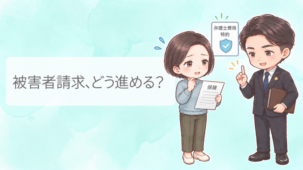 被害者請求の進め方について、弁護士費用特約を確認しながら弁護士へ相談する女性のイラスト
