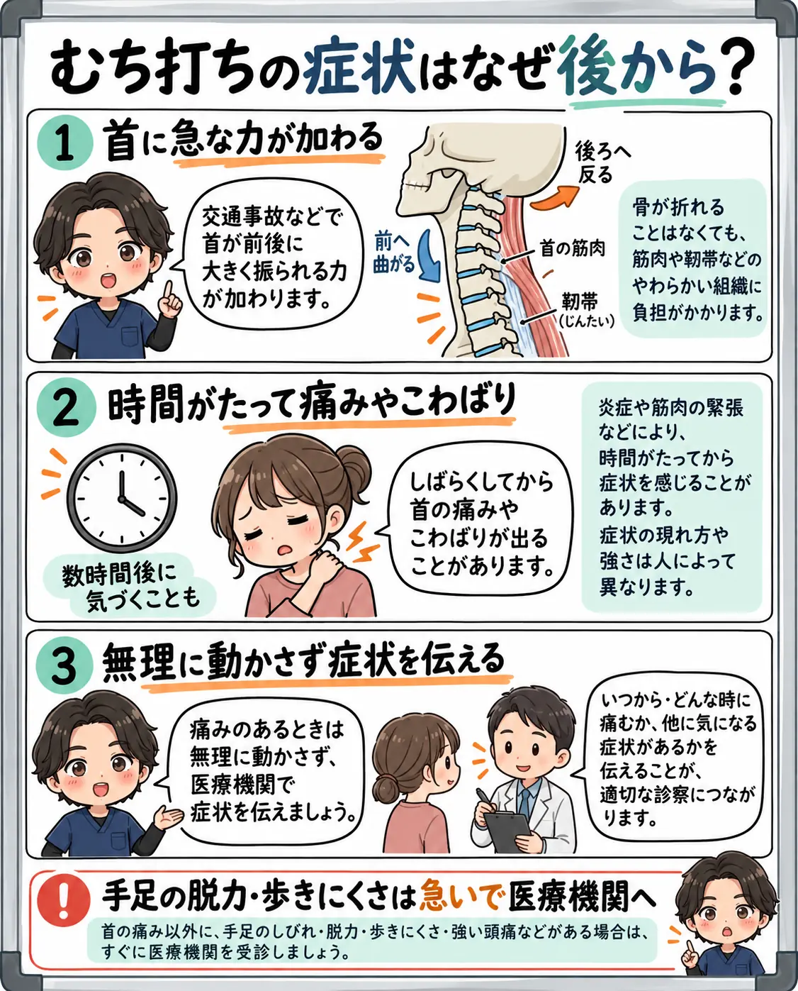 首に急な力が加わり、時間がたって痛みやこわばりに気づく場合があることと、受診時の注意点を示した図解